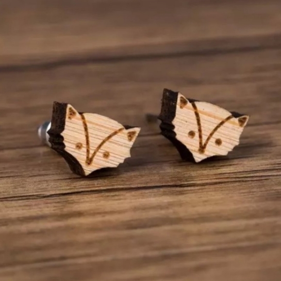 "Adorable Foxes" Handmade Wood Stud Earrings - Picture 1 of 4